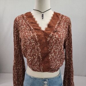 Just Polly Floral Print Long Sleeve Tie Front Crop Top Blouse - Size‎ L